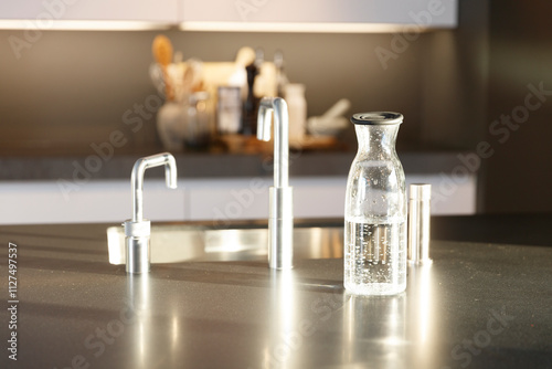 Photos Glass water carafe sits on a stainless steel countertop