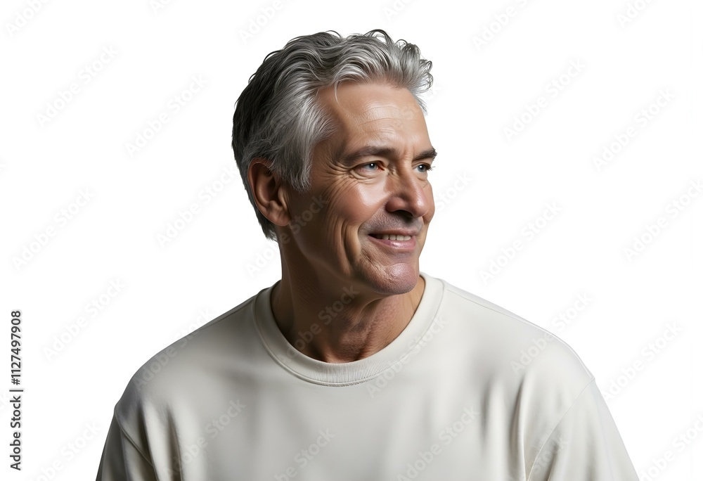 Obraz premium Caucasian mature man smiling. Man in tshirt isolated on white. Handsome mature man with hair. Stylish male. Men casual style. Portrait of handsome guy in menswear. Stylish menswear fashion