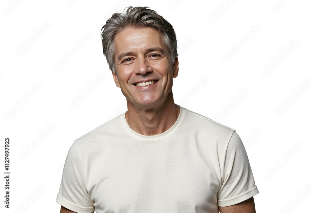 Caucasian mature man smiling. Man in tshirt isolated on white. Handsome mature man with hair. Stylish male. Men casual style. Portrait of handsome guy in menswear. Stylish menswear fashion Caucasian mature man smiling. Man in tshirt isolated on white. Handsome mature man with hair. Stylish male. Men casual style. Portrait of handsome guy in menswear. Stylish menswear fashion