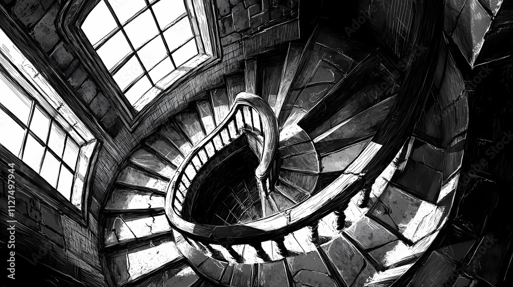Obraz premium A spiral staircase in an old building. Spiral. Illustration