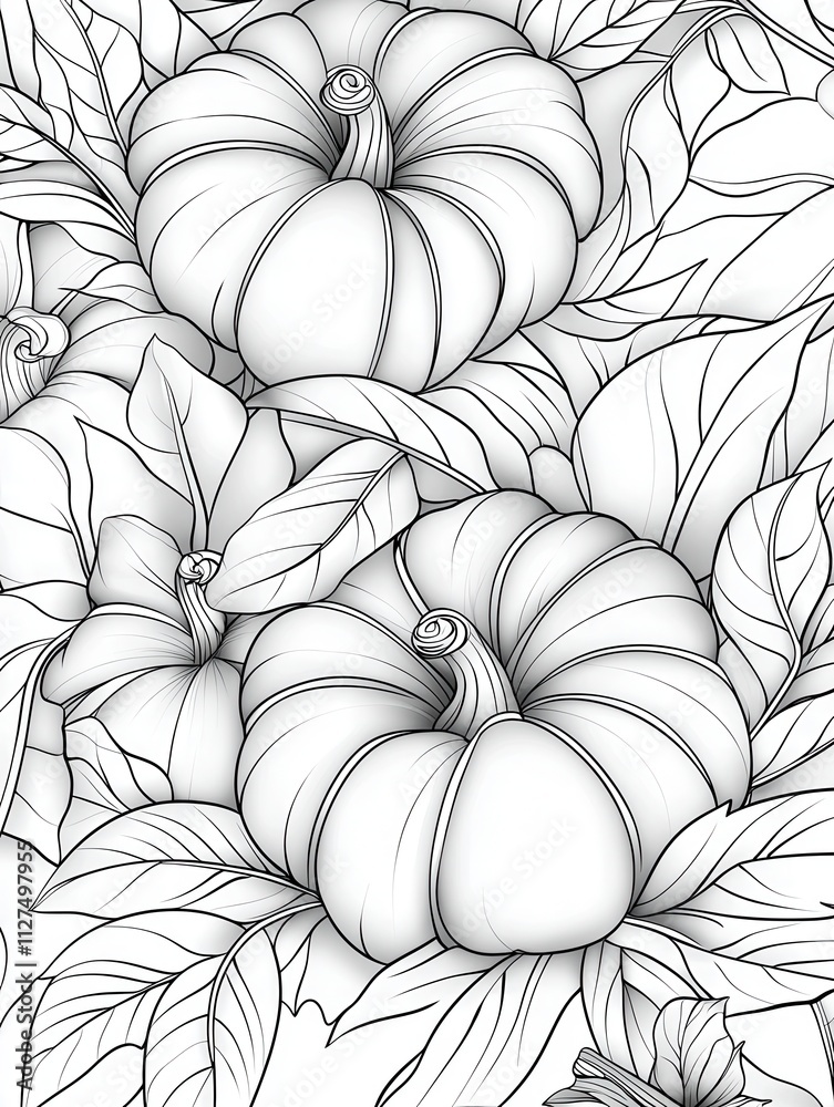 Elegant Black and White Illustration of Pumpkins Surrounded by Leaves Elegant Black and White Illustration of Pumpkins Surrounded by Leaves
