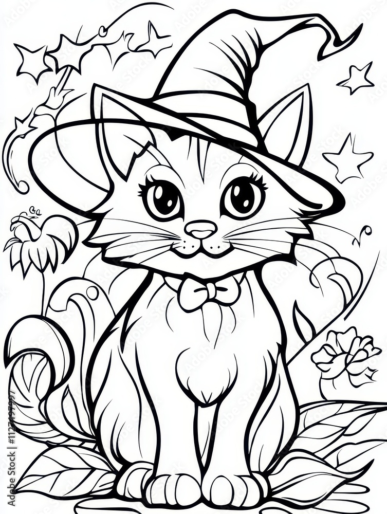 Obraz premium Adorable Cartoon Cat in Witch Hat Surrounded by Magical Elements