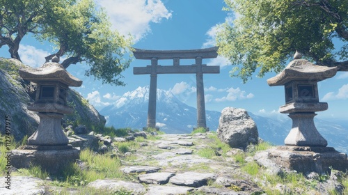 Serene mountain path leads to torii gate, stone lanterns flank the way, scenic vista.