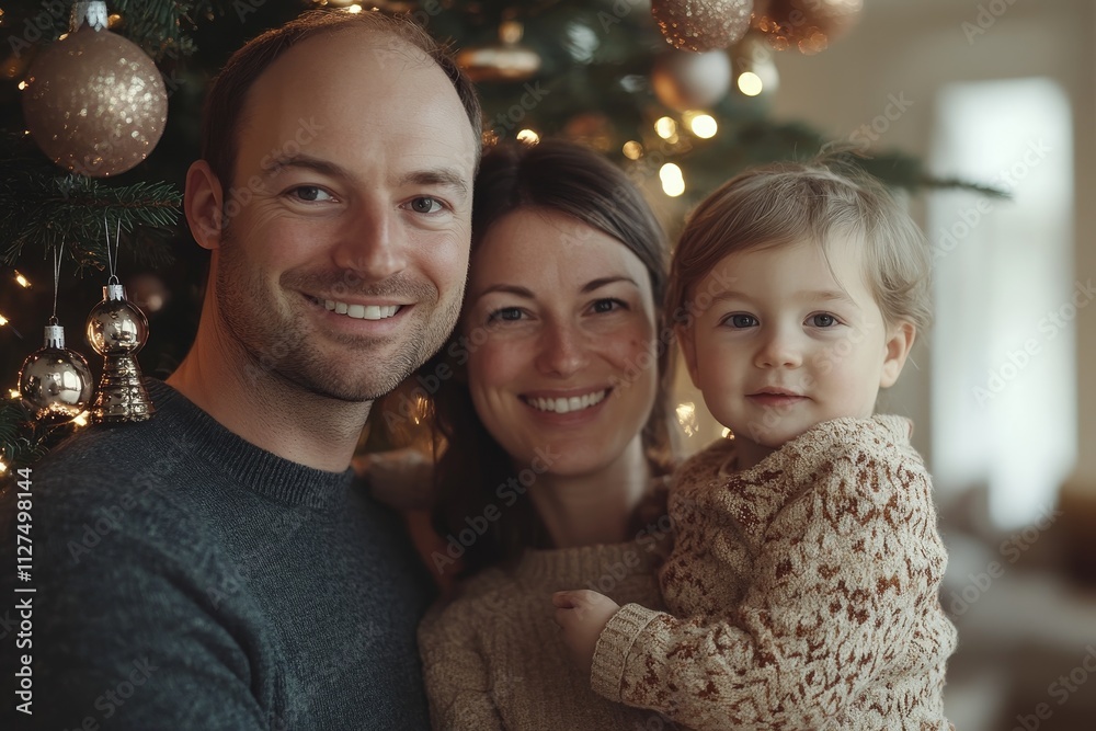 A minimalistic family portrait featuring a couple with their young child in front of a decorated Christmas tree A minimalistic family portrait featuring a couple with their young child in front of a decorated Christmas tree