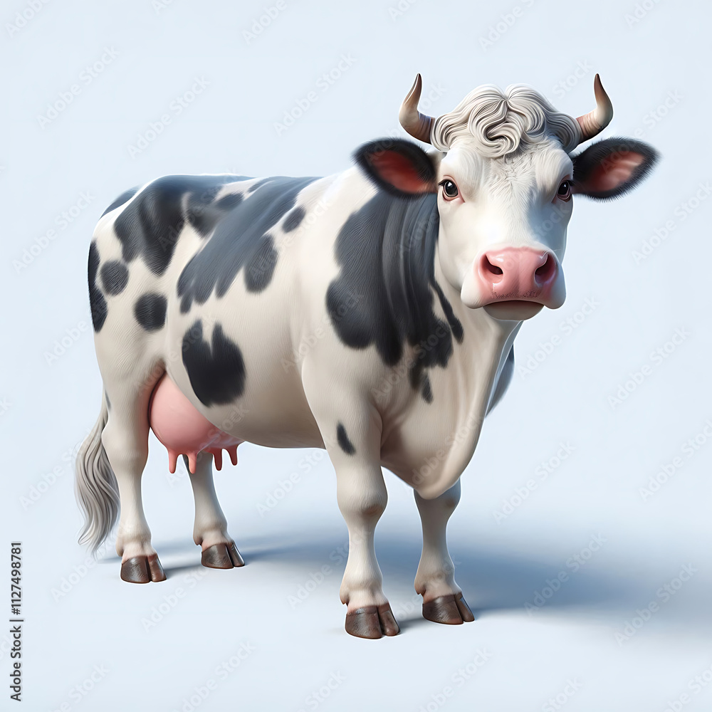 Kuh mit Hörnern stehend schwarz weiß holsteinisch Milchkuh Nahaufnahme 3D Hintergrund blau Molkerei Zucht Tier einzeln Bauernhof Stall Kühe Produktion von Milch weiblich Rind Vieh Käserei Kuh mit Hörnern stehend schwarz weiß holsteinisch Milchkuh Nahaufnahme 3D Hintergrund blau Molkerei Zucht Tier einzeln Bauernhof Stall Kühe Produktion von Milch weiblich Rind Vieh Käserei