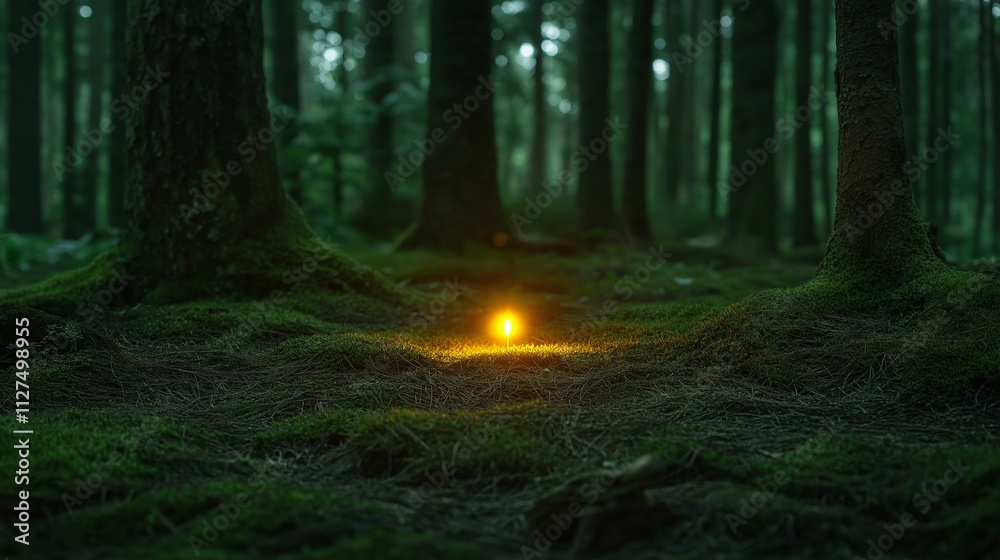 A single glowing firefly illuminates a dark forest floor surrounded by tall trees and lush green moss A single glowing firefly illuminates a dark forest floor surrounded by tall trees and lush green moss