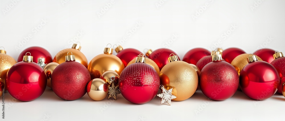Festive red and gold baubles arranged with pine branches and frosted garland, set against a clean white background.
Festive red and gold baubles arranged with pine branches and frosted garland, set against a clean white background.