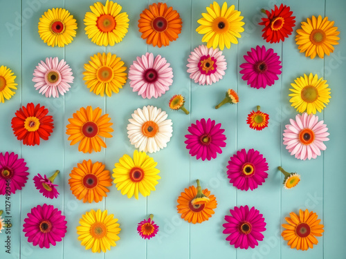 A wall covered in colorful paper flowers, including pink, yellow, and orange daisies. The wall is blue and the flowers are arranged in a way that creates a sense of movement and energy