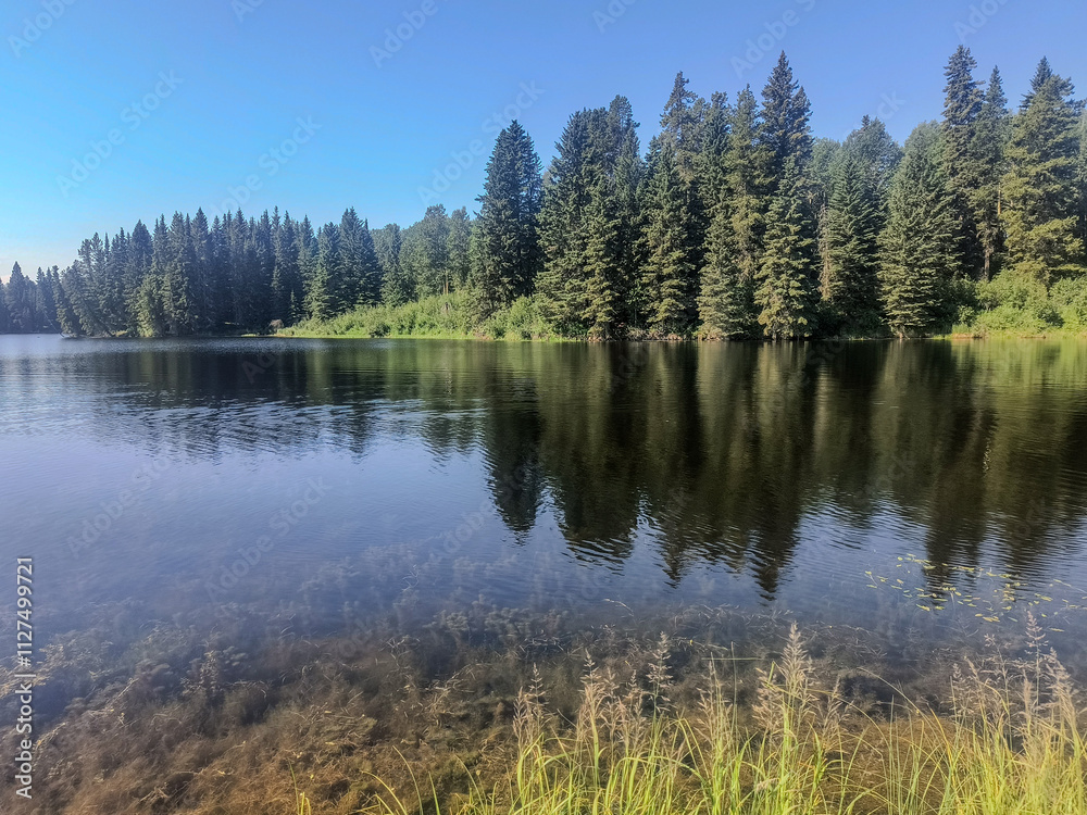 Crystal Clear Forest Lake Reflecting Blue Sky Crystal Clear Forest Lake Reflecting Blue Sky