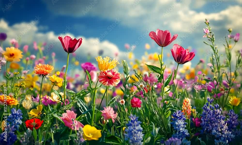 A vibrant field of colorful flowers under a blue sky. A vibrant field of colorful flowers under a blue sky.