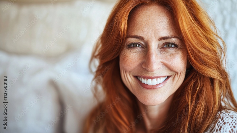 A mature woman with long, radiant red hair beams with a genuine smile, reflecting warmth and happiness. She is captured in a soft, inviting atmosphere that enhances her cheerful expression A mature woman with long, radiant red hair beams with a genuine smile, reflecting warmth and happiness. She is captured in a soft, inviting atmosphere that enhances her cheerful expression