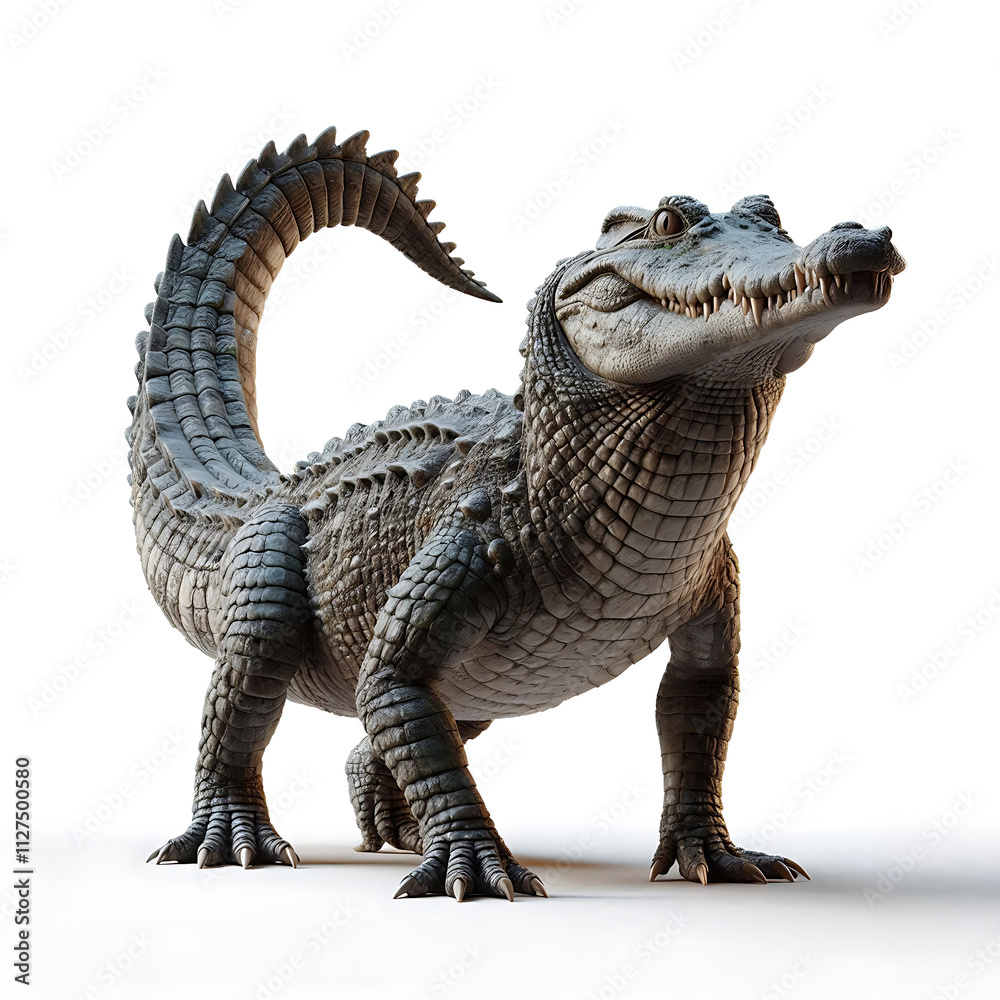 Fototapeta premium Krokodil Aligator Nahaufnahme schuppig gefährlich mit Maul voller scharfer Zähne Echse vor weißem Hintergrund isoliert Raubtier gefährlicher Fleischfresser 