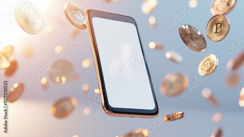 A phone is shown with a bunch of coins flying around it. The coins are of different sizes and colors, and they are scattered all over the image. The scene gives off a sense of chaos and disorder