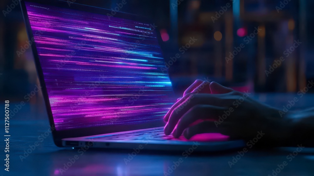 Fototapeta premium Futuristic laptop with vibrant digital data flow
