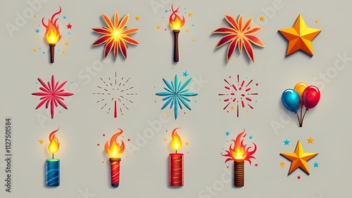 Vector illustration of colorful fireworks bursting in the night sky, showcasing various shapes and patterns, generative ai