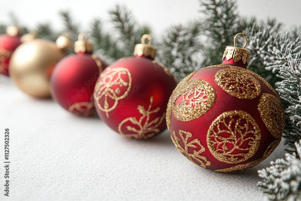 A festive arrangement of red and gold Christmas ornaments, suitable for holiday decorations or gift wrapping