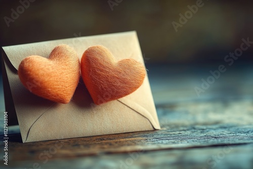 A pair of hearts sitting on top of a brown envelope, symbolizing romantic letters