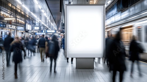 clean white billboard located in the subway, in the middle of people passing by. billboard mockup for text.