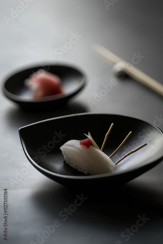 Elegant Minimalist Sushi Plating with Squid Nigiri and Roe Garnish - Gourmet Cuisine  photo