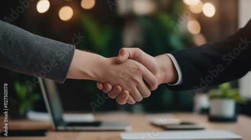 Two people shaking hands in front of a laptop and a potted plant. Concept of professionalism and trust between the two individuals. Handshake