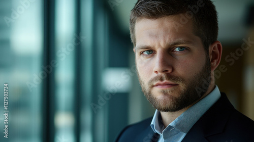 Close-up portrait of a serious young man with a trimmed beard, wearing a business suit, standing in a modern skyscraper, direct eye contact 2b