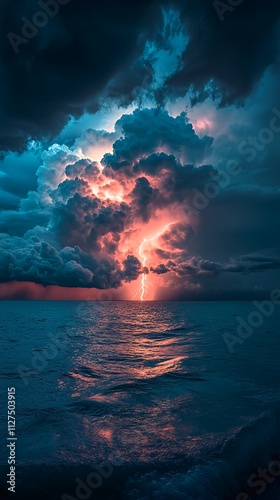 Dramatic Lightning Display Illuminates Dark Clouds Over Calm Ocean Waters During Twilight