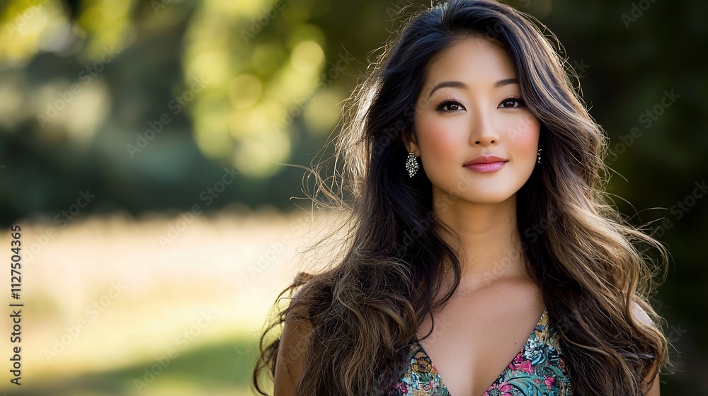 Beautiful Asian woman with long hair, outdoors. Beautiful Asian woman with long hair, outdoors.