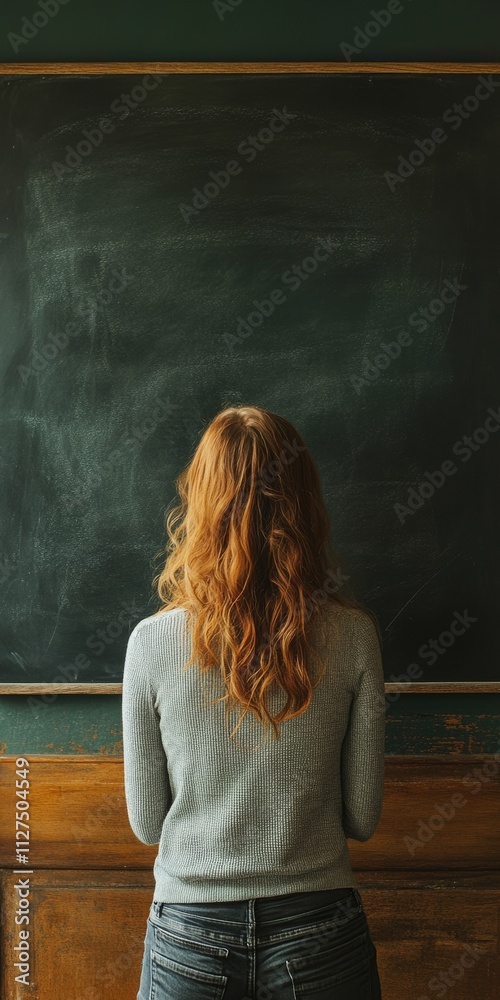 Woman in STEM, Writing on a Blackboard, Her Back to the Viewers, AI Generated Woman in STEM, Writing on a Blackboard, Her Back to the Viewers, AI Generated