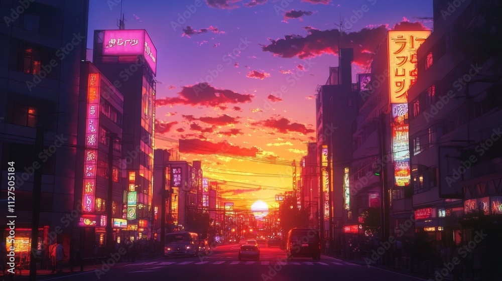 Fototapeta premium Vibrant sunset over a city street with neon lights.