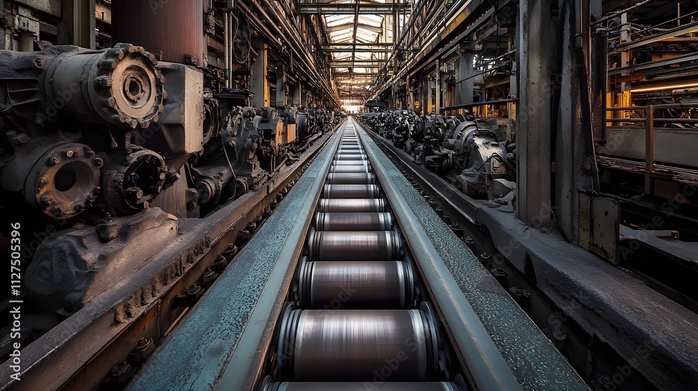 A conveyor belt carrying car engines to the next station in a bustling production line. A conveyor belt carrying car engines to the next station in a bustling production line.
