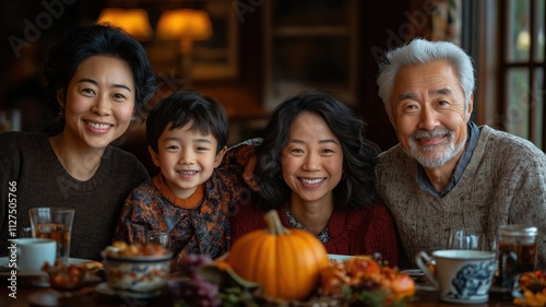 Multi generational family enjoying a thanksgiving meal together, celebrating traditions and creating memories