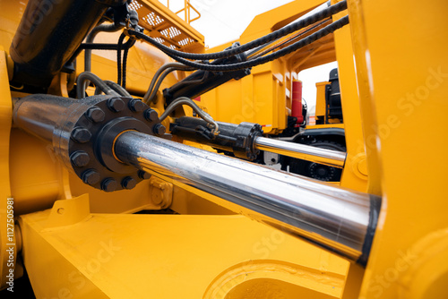 Pneumatic hydraulic piston for industry machinery technology. Concept chrome plated cylinder shaft of yellow tractors, excavators for lifting