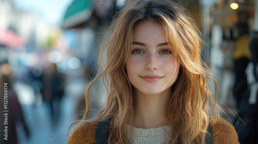 A woman with long hair stands on a city street, a simple scene A woman with long hair stands on a city street, a simple scene