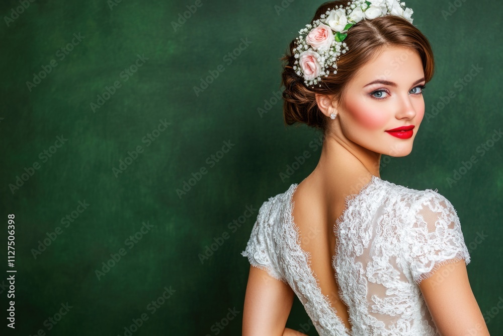 Fototapeta premium Caucasian young female bride in elegant lace wedding dress with floral hairpiece