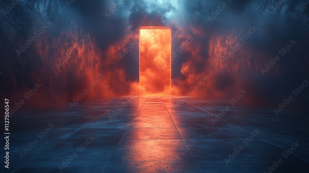 A dark room with a red glowing door A dark room with a red glowing door