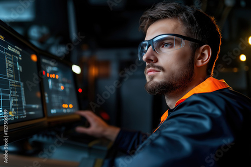 Engineer monitors data on high-tech screens in a control room during evening hours