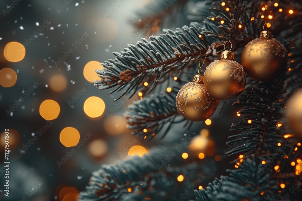 A close-up view of a Christmas tree decorated with gold ornaments, perfect for holiday season promotions or festive events A close-up view of a Christmas tree decorated with gold ornaments, perfect for holiday season promotions or festive events