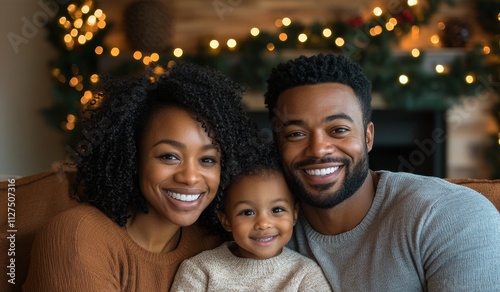 A minimalistic photo of a smiling family of three, featuring a mother, father, and young child, set against a softly lit background