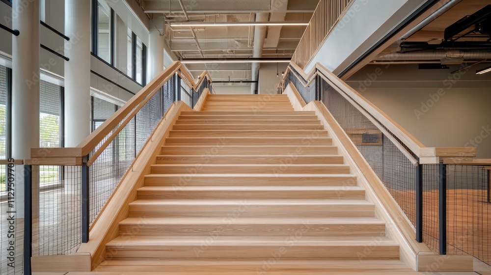 A bold staircase in a baseball training facility, featuring textured wooden steps, minimalist railings, and clean architectural lines A bold staircase in a baseball training facility, featuring textured wooden steps, minimalist railings, and clean architectural lines