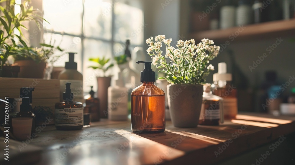 Skincare bottles and plants in cozy natural light Skincare bottles and plants in cozy natural light