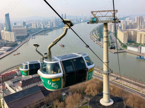 A cable car is suspended above a city with a river below. The cable car is green and white and is labeled with the letters Uei photo