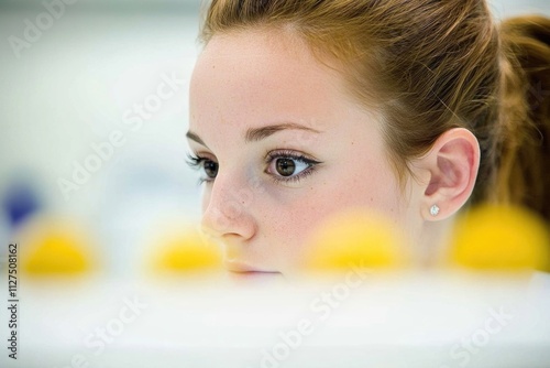 Focused young caucasian female observing objects with intensity photo