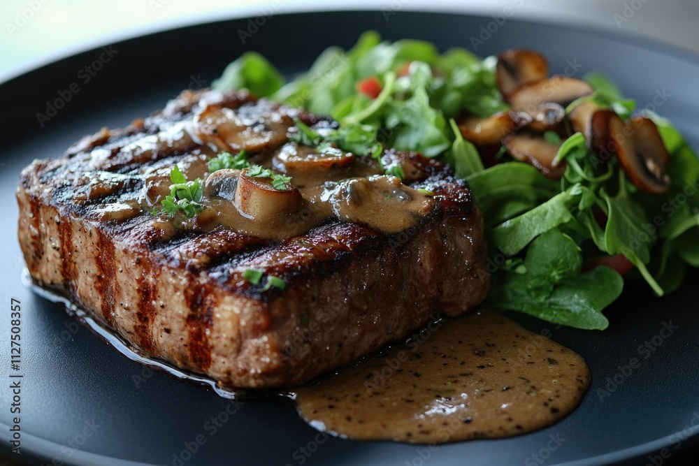 A juicy steak served with sautéed mushrooms and a side salad on a plate