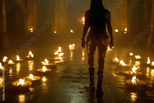 Mysterious woman in candlelit dungeon with intricate light patterns