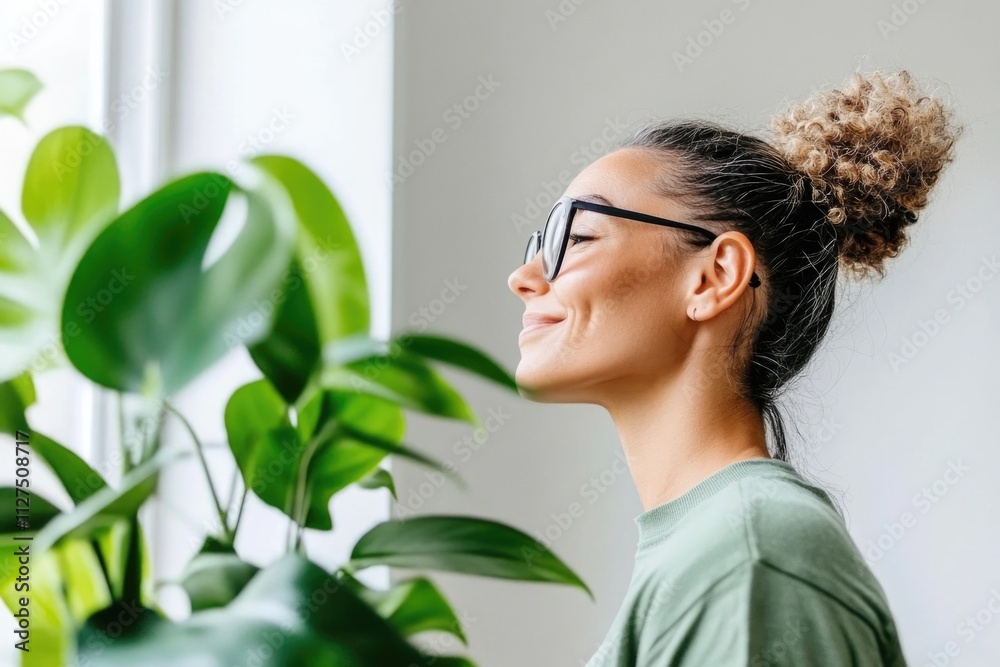 Young hispanic female enjoying indoor plants by a window Young hispanic female enjoying indoor plants by a window