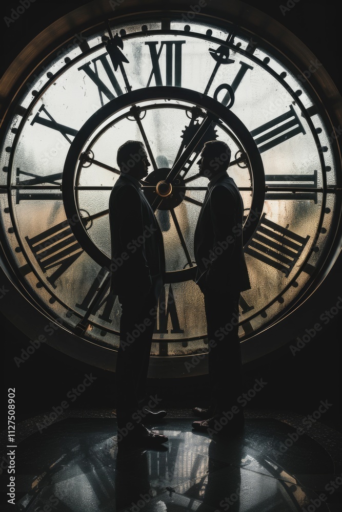 Two men standing together in front of a large clock, great for office or meeting concepts