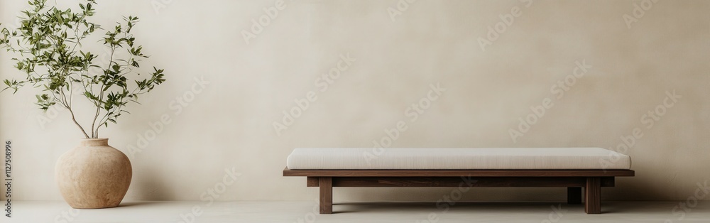 Minimalist interior featuring a serene seating area with plant Minimalist interior featuring a serene seating area with plant