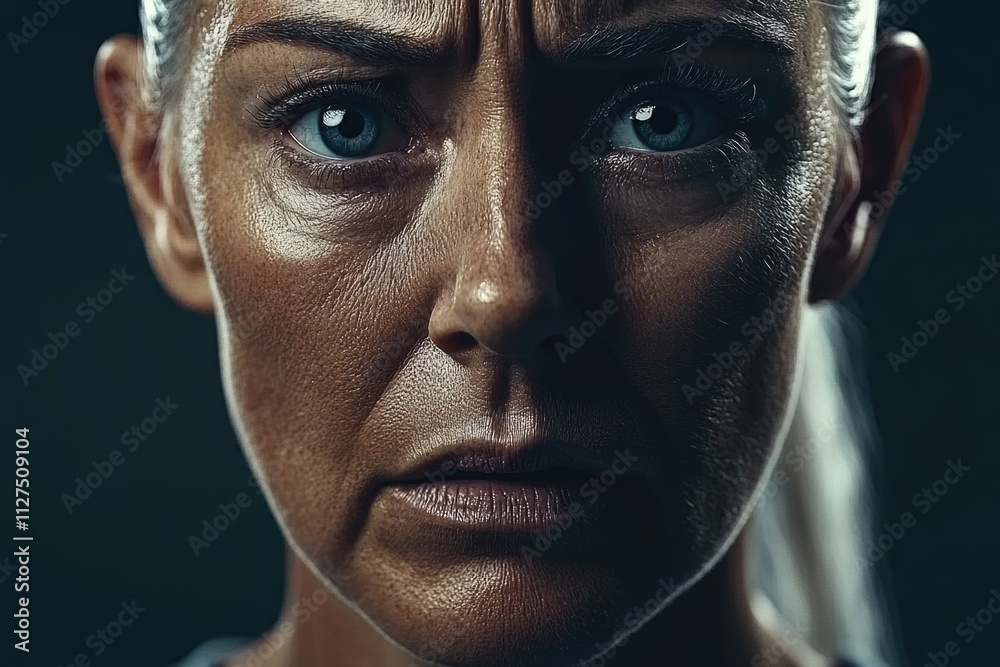 Intense portrait of mature caucasian female with focused expression Intense portrait of mature caucasian female with focused expression