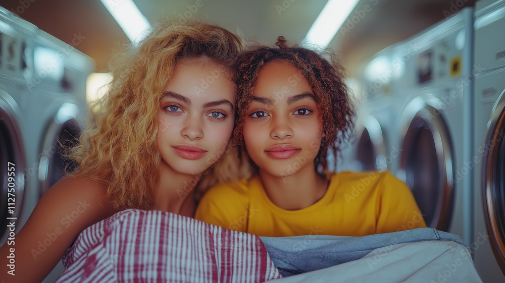 Fototapeta premium Two attractive young women posing together while doing laundry in a self service laundromat