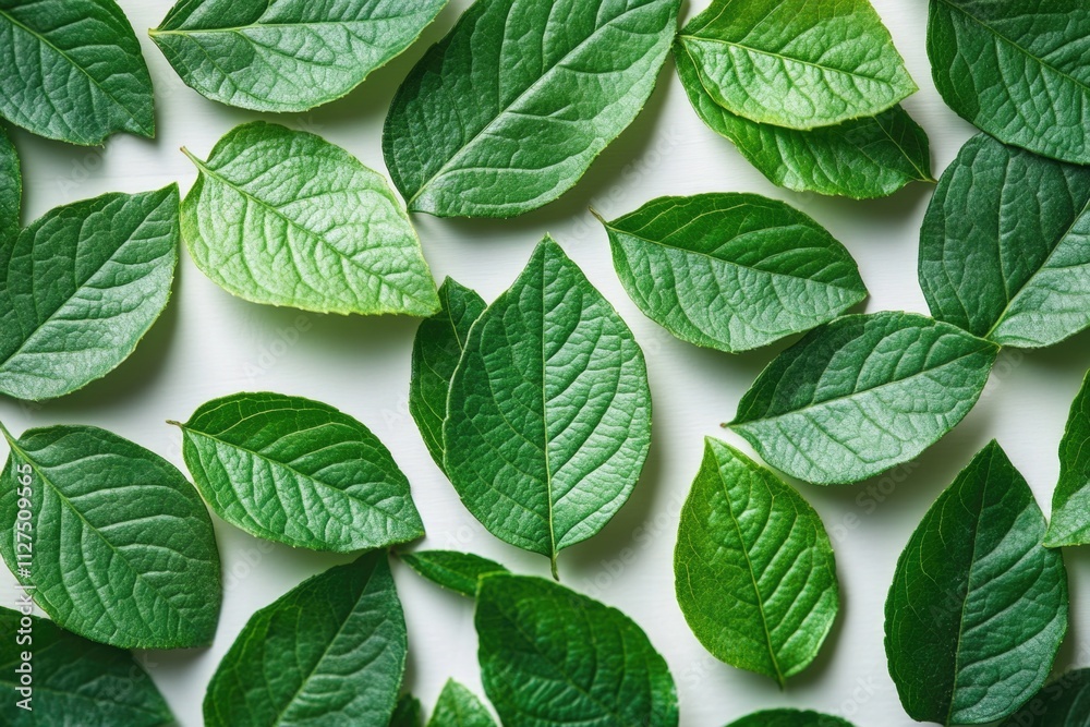 Group of fresh green leaves on a clean white surface, ideal for design and illustration projects Group of fresh green leaves on a clean white surface, ideal for design and illustration projects